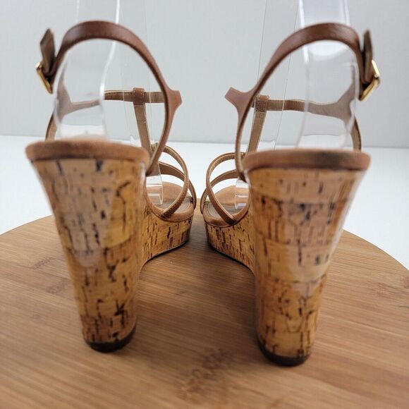 Salvatore Ferragamo Platform Cork Wedges Brown Leather Sandals Size 8.5 B Italy - Picture 6 of 16
